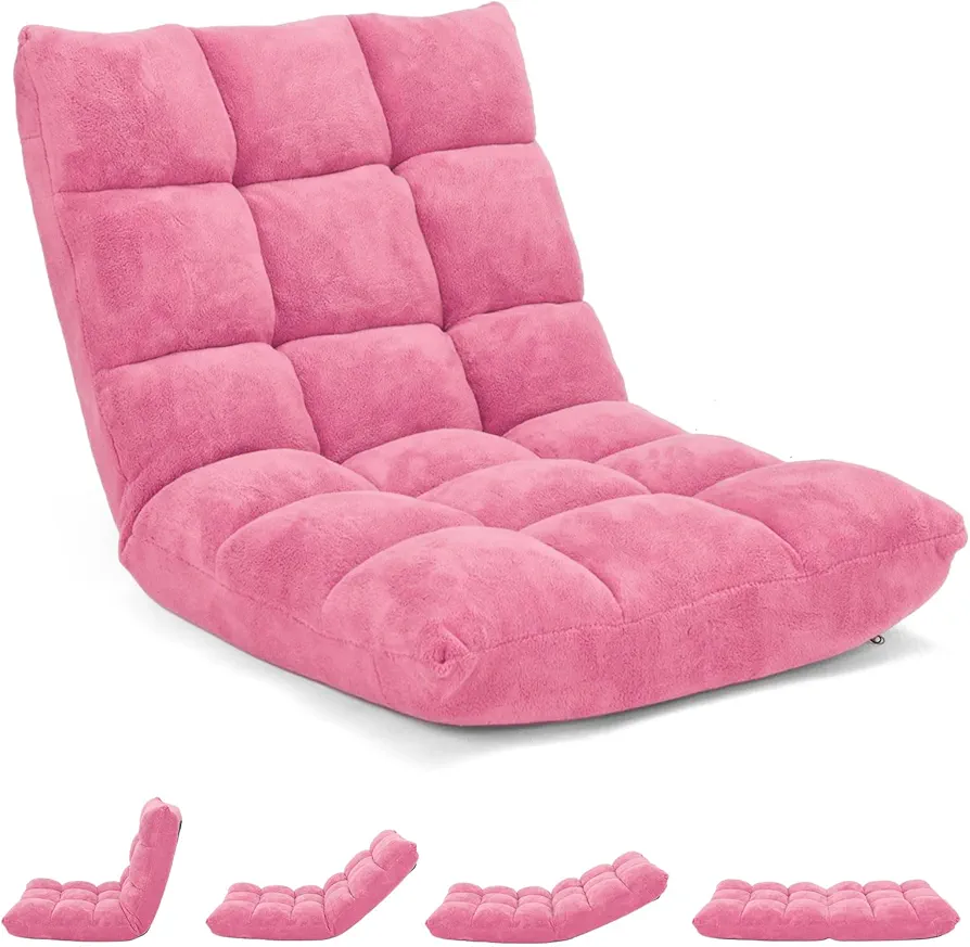 MAT EXPERT 14-Position Floor Chair, Floor Gaming Chair w/Soft Coral Fleece, Alloy Steel Frame, Padded Lazy Couch Recliner, Floor Chair with Back Support for Reading, Meditating, Playing Game (Pink)