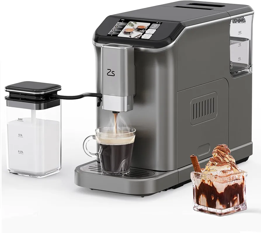 Fully Automatic Espresso Machine with Grinder & Automatic Milk Frother, 20-Bar, Touch Display, 7 Coffee Varieties, One-Touch Single/Double Shot for Espresso, Silver