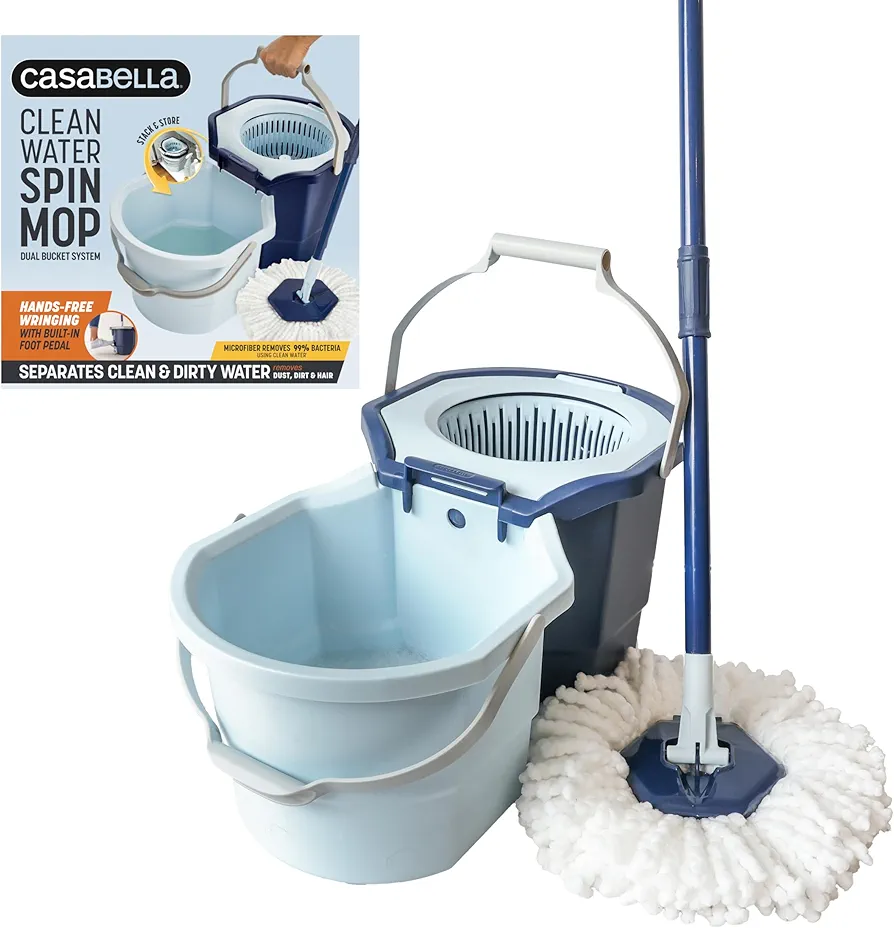 Casabella Clean Water Microfiber Spin Mop with 2-Bucket System, Blue/White