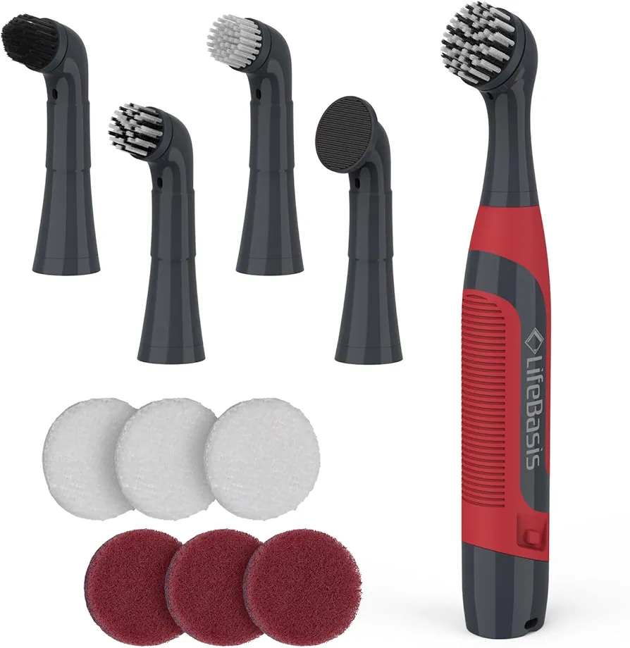 LifeBasis Cordless Electric Cleaning Brush, Mini Power Scrubber for Cleaning Waterproof Grout with 5 Brush Heads for Bathroom Kitchen Tile Crevice Corner - Red (Batteries Included)