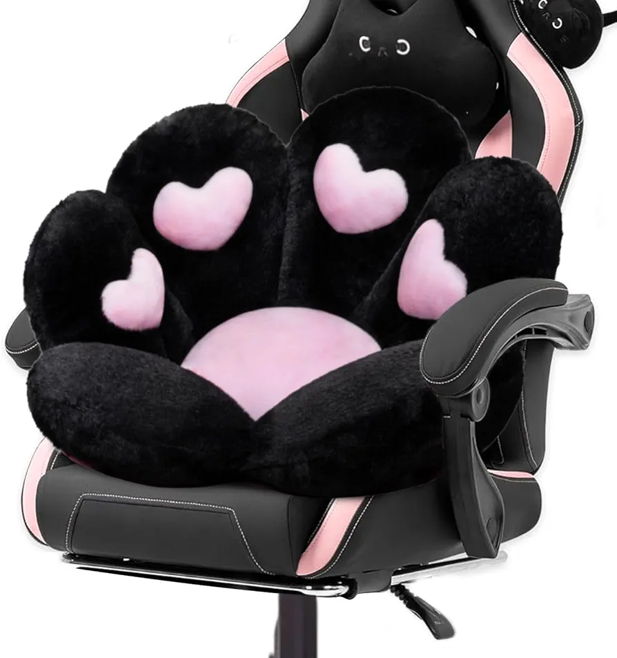 Cat Paw Cushion Kawaii Office Desk Chair Cushion Comfy Plush Cat Paw Shape Gaming Chair Cushion Bear Cute Seat Cushion for Girl, Kawaii Room Bedroom Decorate 28"x 24" (Black)