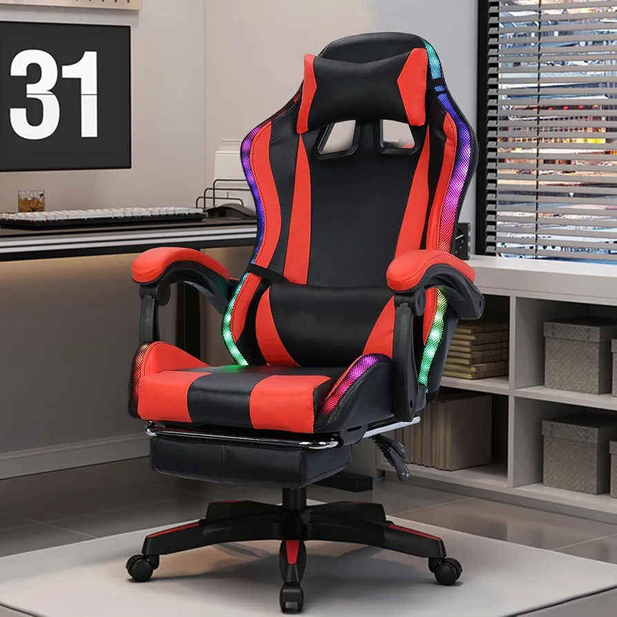 Gaming Chair with Speakers Bluetooth & RGB LED Lights, Music Video Game Chair Audio Ergonomic Design Heavy Duty Office Computer Desk Chair（Red） Black & Red