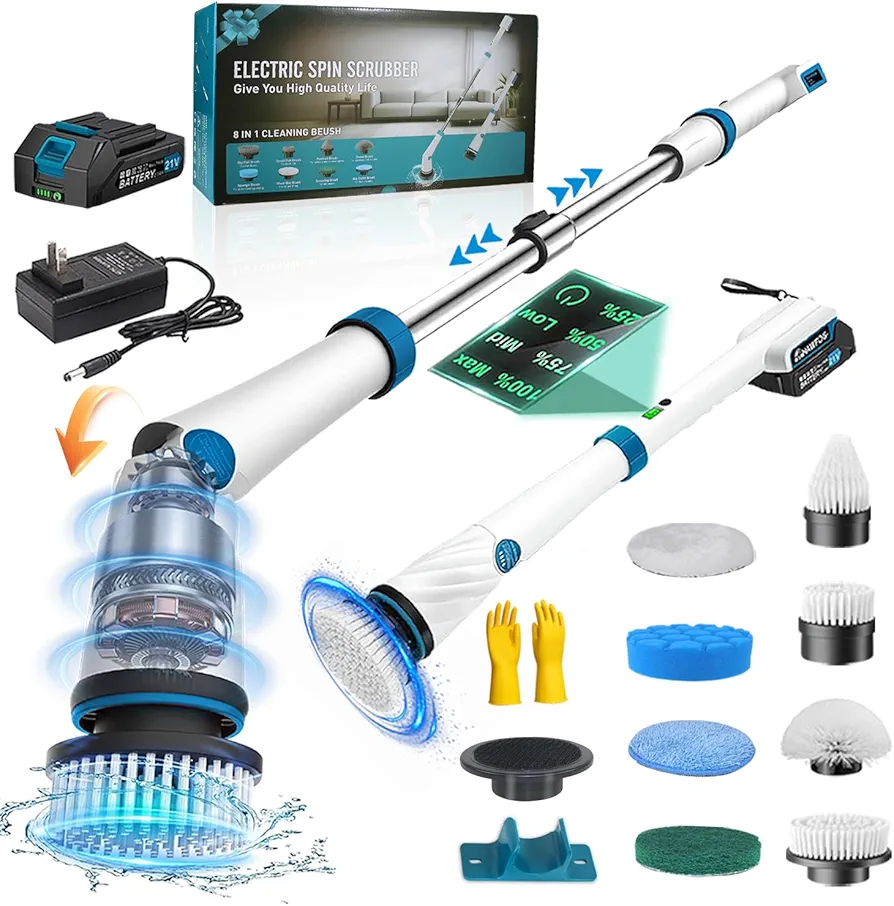 Electric Spin Scrubber, 1200 RPM Cordless Adjustable Extension Arm Cleaning Brush with Smart Display, 8 Cleaning Heads Battery Powered Shower Scrubber with Hook Gloves for Bathroom Tile Floor