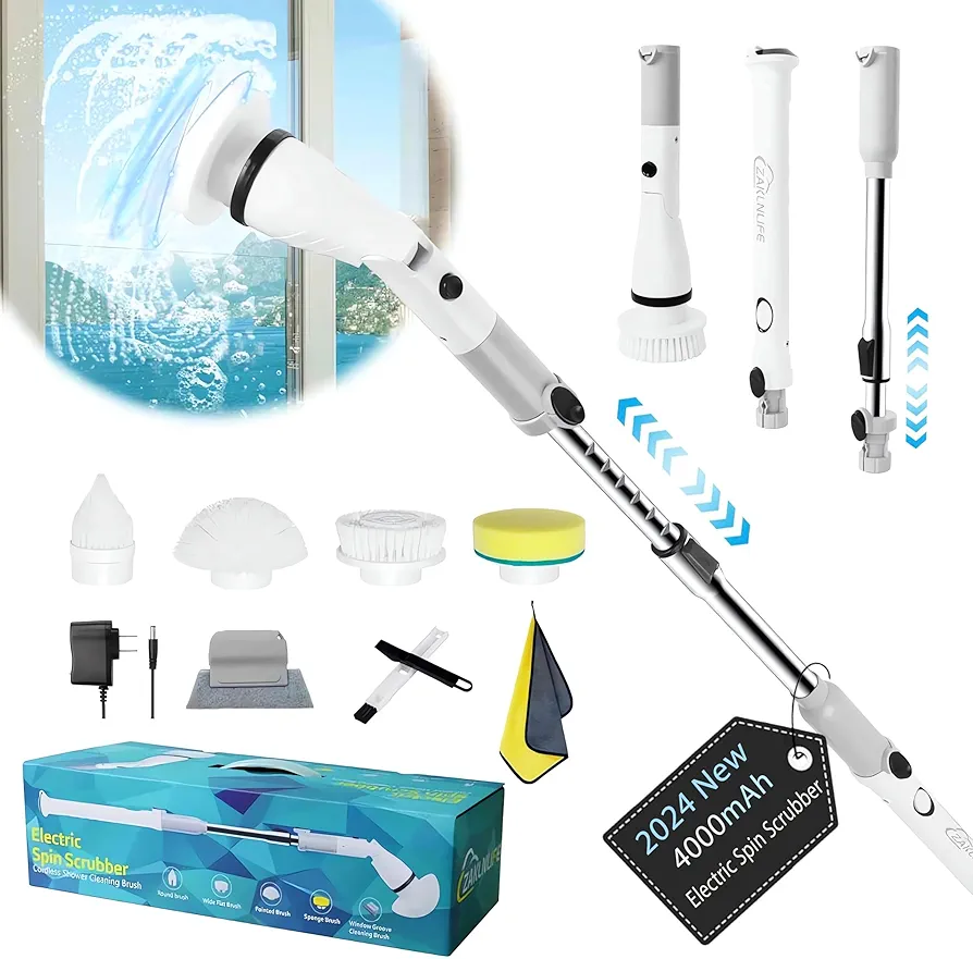 Electric Spin Scrubber, Cordless Cleaning Brush with Adjustable Extension Arm 4 Replaceable Cleaning Heads, 4000mAh Rechargeable Battery Power Scrubber for Bathroom, Tub, Tile, Floor