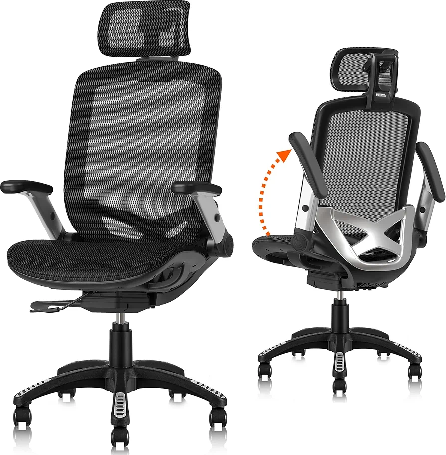 GABRYLLY Ergonomic Office Mesh Chair, High-Back Desk Chair with Sliding Seat, Adjustable Flip-up Armrest & 2D Headrest, 4-Gear Tilt Function, Swivel Computer Gaming Chair for Man Woman
