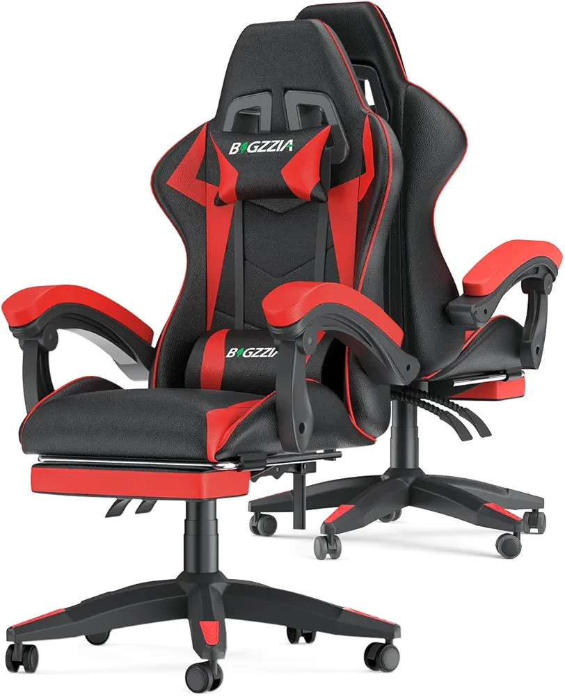 Bigzzia Gaming Chair with Footrest, Ergonomic Computer Game Chairs, Headrest and Lumbar Support, Adjustable Height, Reclining, Racing Style, and 360°Swivel Seat, Black/Red