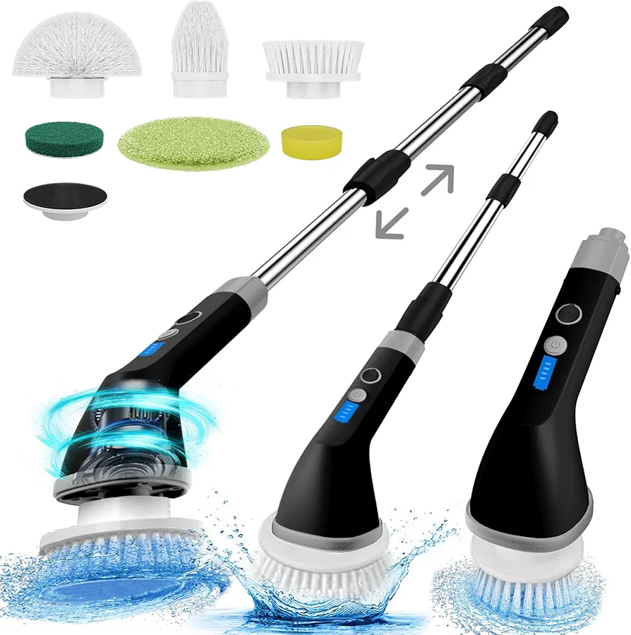 Electric Spin Scrubber, Cordless Shower Cleaning Brush with 6 Replacement Brushes,2-Speed Adjustable & Extension Long Handle Power Scrubber for Bathroom Car Floor Tile Electric Squeegees (Black)