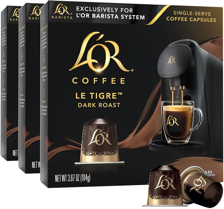 L'OR Coffee Pods, 30 Capsules Le Tigre Dark Roast Blend, Single Cup Aluminum Coffee Capsules Exclusively Compatible with the L'OR BARISTA System