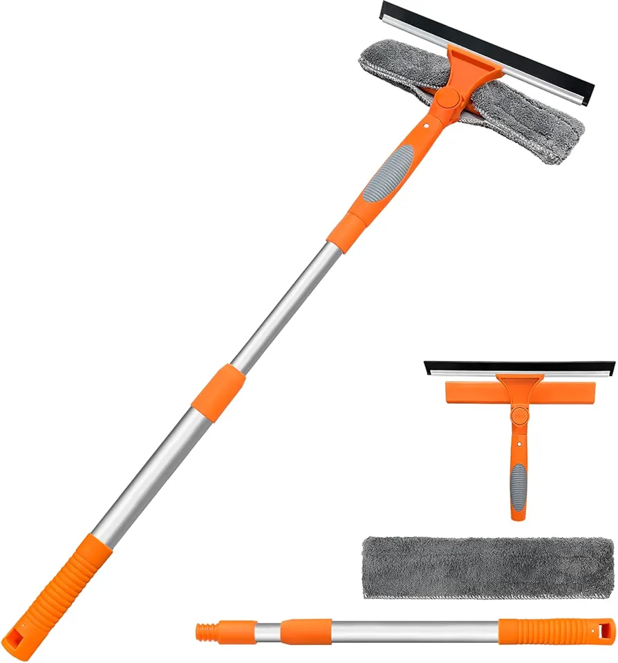 Squeegee for Window | 2-in-1 Window Cleaner Sponge and Soft Rubber Strip with Telescopic Extension Pole 25”-36” | Window Washer for Shower, Car Windshield, Mirror, Glass Cleaning