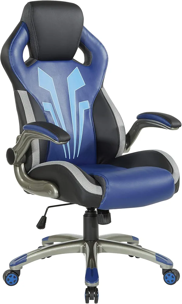 OSP Home Furnishings Ice Knight Ergonomic Adjustable High Back Faux Leather Gaming Chair with Integrated Lumbar Support and Padded Flip Arms, Blue Accents