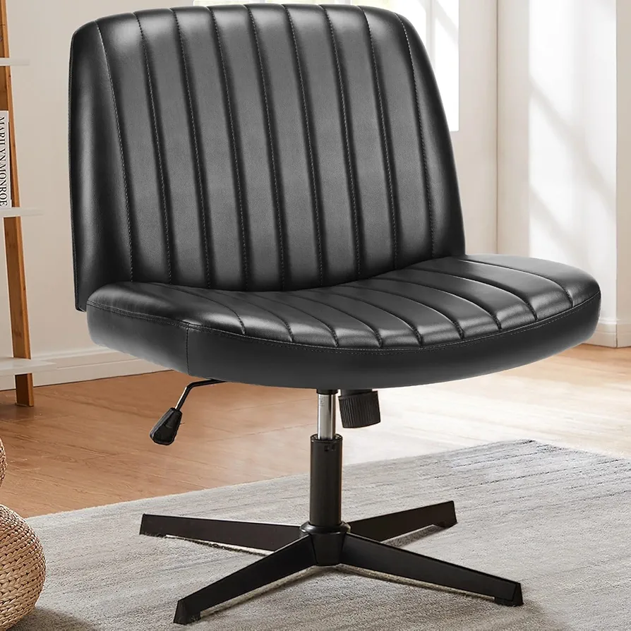 Criss Cross Chair, Armless Legged Office Desk Chair, Living Room Rocking, Gaming Chair, Armless Wide Desk Adjustable Swivel Fabric Task Vanity for Home Office (No Wheels) (Leather Black)