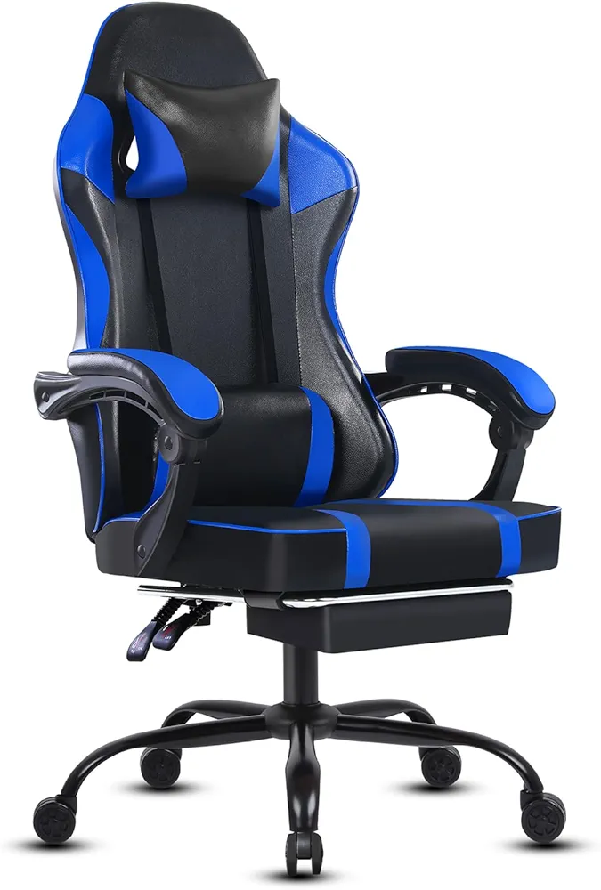 Gaming Chair, Ergonomic Video Game Chair for Adults, Comfortable Computer Chair with Footrest and Lumbar Support, Height Adjustable Gamer Chair for Office 350LBS, Blue