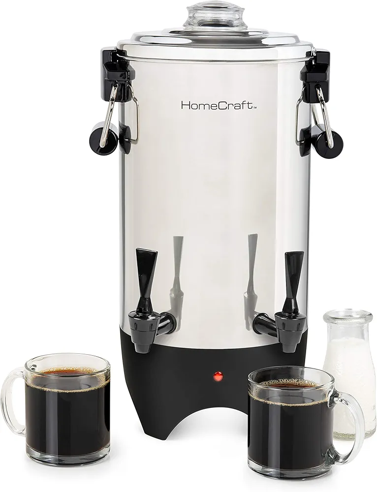 HomeCraft 45-Cup Coffee Urn and Hot Beverage Dispenser with Double Dripless Faucet, Quick-Brewing, Stainless Steel