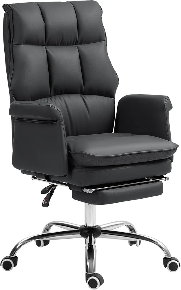 HOMCOM Executive Office Chair, PU Leather Ergonomic Office Desk Chair with Footrest, Reclining and Swivel Chair, Black