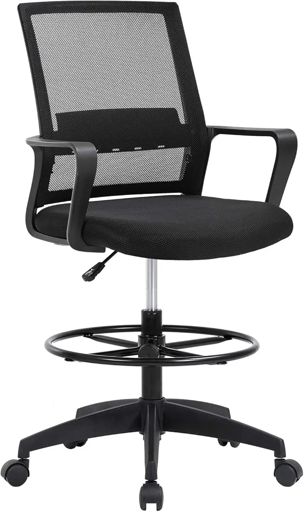 Drafting Chair Tall Office Chair Adjustable Height with Lumbar Support Arms Footrest Mid Back Desk Chair Swivel Rolling Mesh Computer Chair for Adults Standing Desk Drafting Stool(Black)