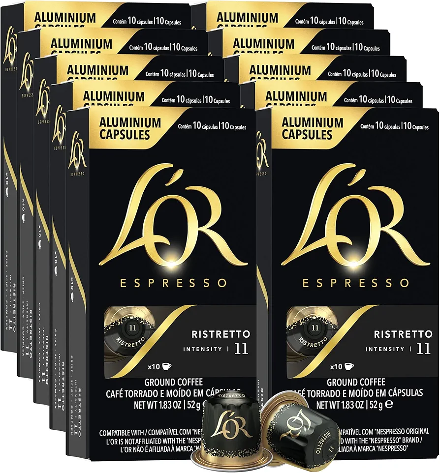 L'OR Espresso Capsules, 100 Count Ristretto, Single-Serve Aluminum Coffee Capsules Compatible with the L'OR BARISTA System & *Nespresso Original Machines