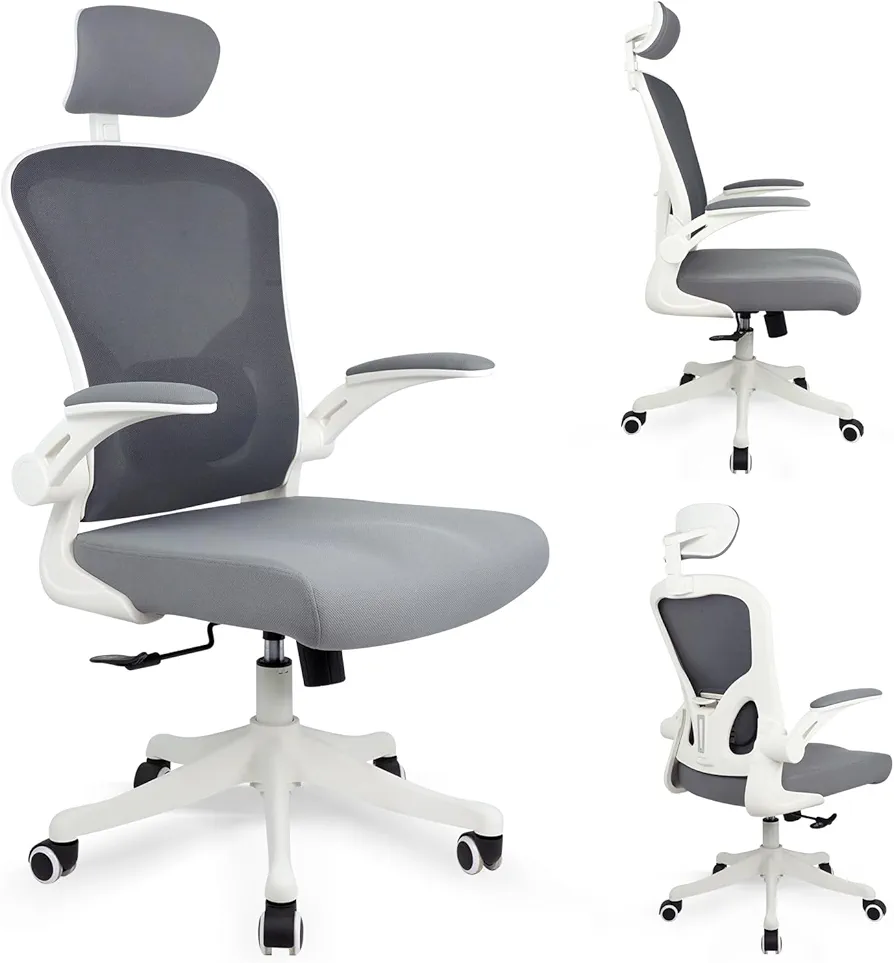 Ergonomic Office Chair, Home Office Desk Chairs with Lumbar Support & 3D Headrest & Flip-up Arms,Mesh Back Chair for Home Office Study Chair (Grey)