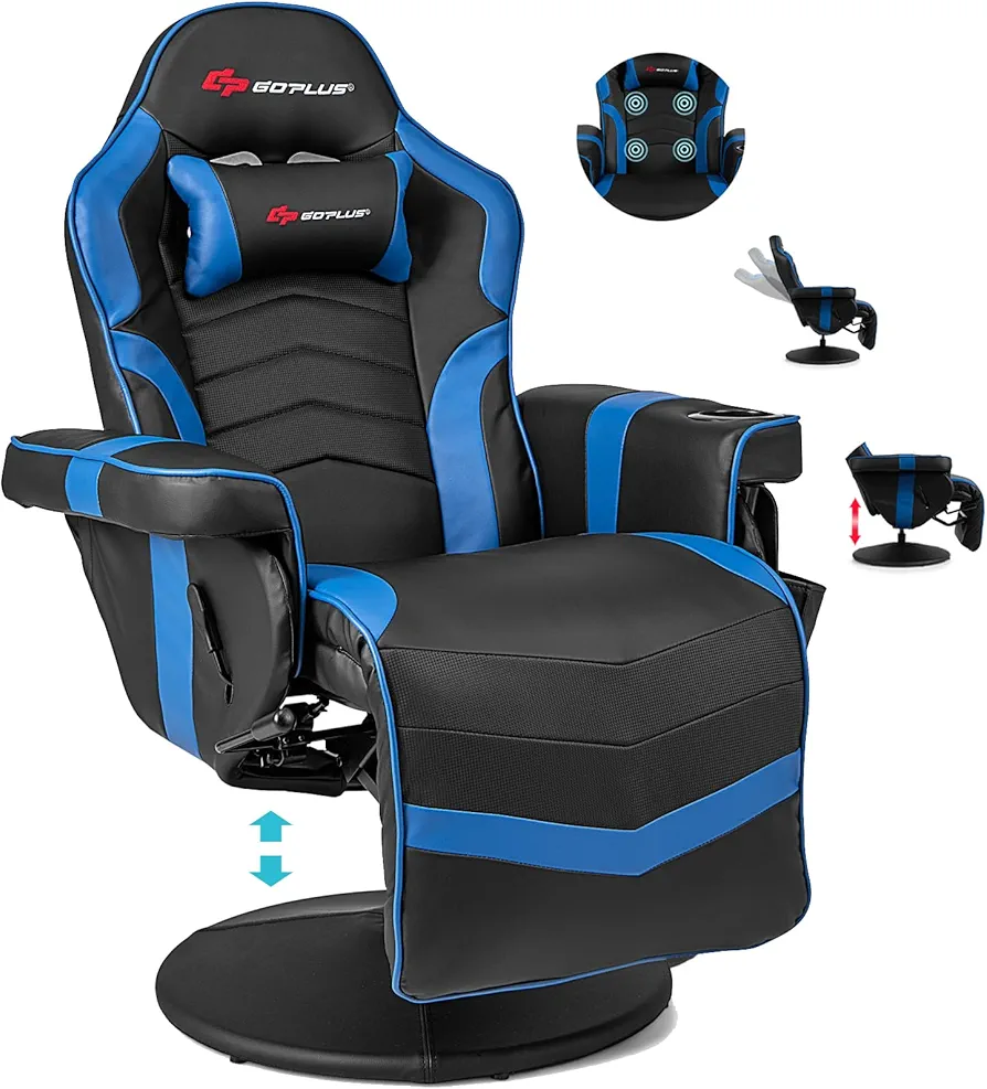 POWERSTONE Gaming Recliner, Adjustable Massage Gaming Chair with Cup Holder Footrest Ergonomic Single Sofa Living Room Home Theater Seating with Side Pouch (Blue)