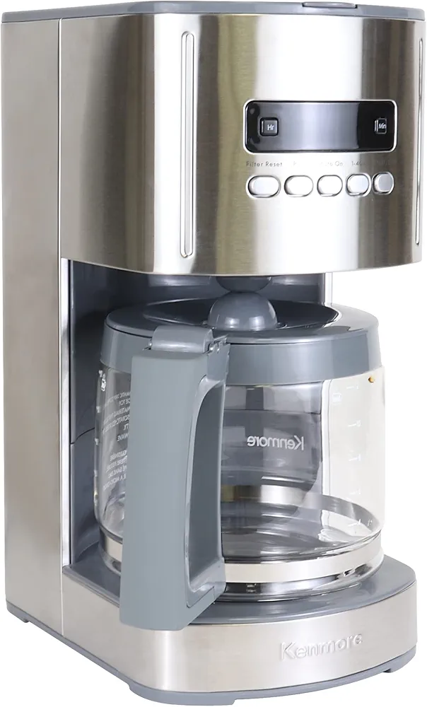 Kenmore Coffee Maker 12 cup Drip Coffee Machine Reusable Filter Programmable Timer Digital Display Aroma Control Glass Carafe Charcoal Water Filter Regular Bold Stainless Steel