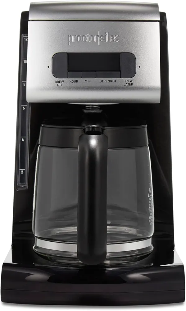 Proctor Silex Platinum Series FrontFill Drip Coffee Maker, Digital & Programmable, 12 Cup Glass Carafe, Black and Silver (43687)