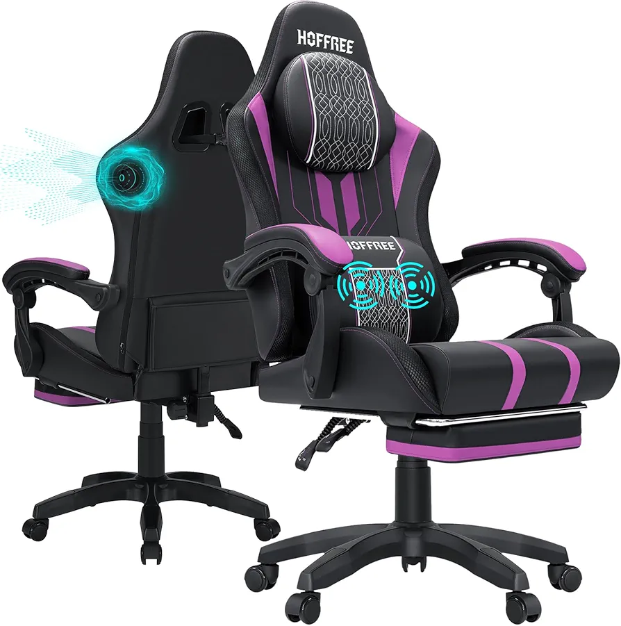 HOFFREE Gaming Chair Massage with Speakers Bluetooth and Footrest Big and Tall Video Game Chair for Heavy People 400lb with Massager for Adults Purple and Black