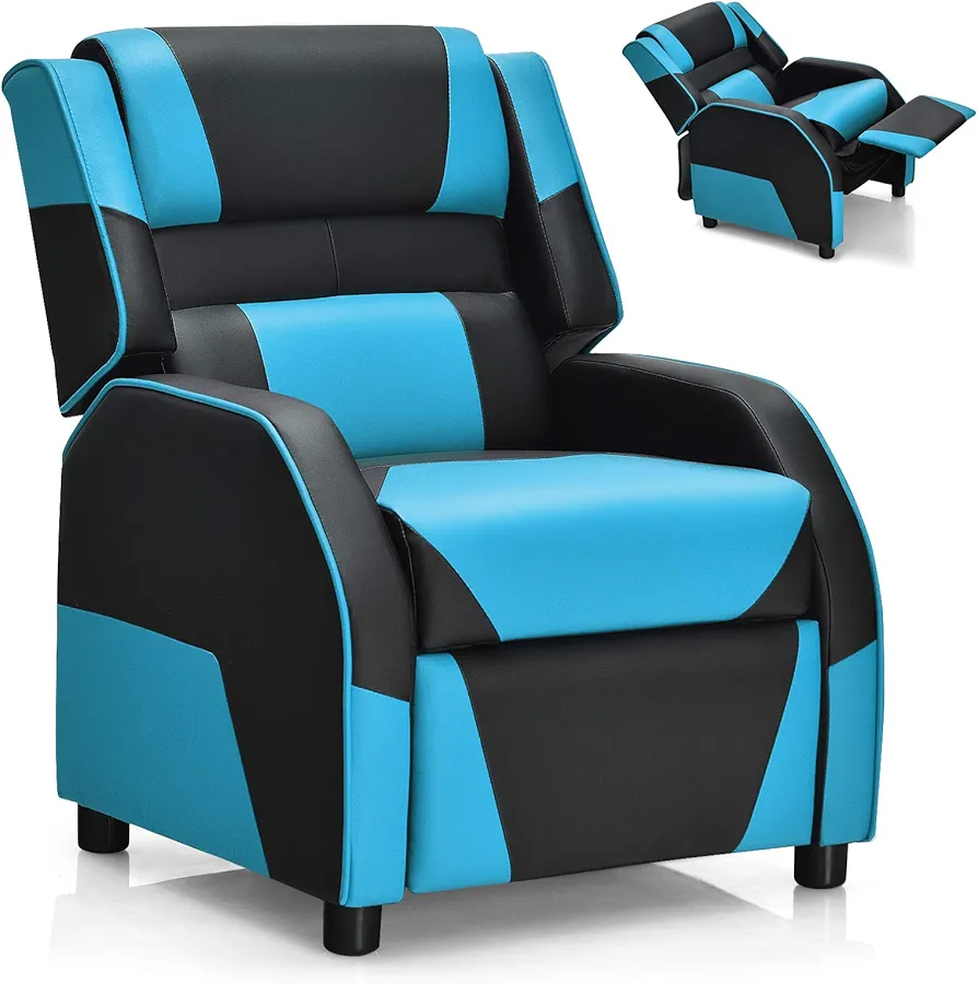 Costzon Kids Recliner, Gaming Recliner Chair w/Footrest, Headrest & Lumbar Support, Ergonomic Leather Lounge Chair for Living & Gaming Room, Adjustable Racing Style Sofa for Children Boys Girls, Blue