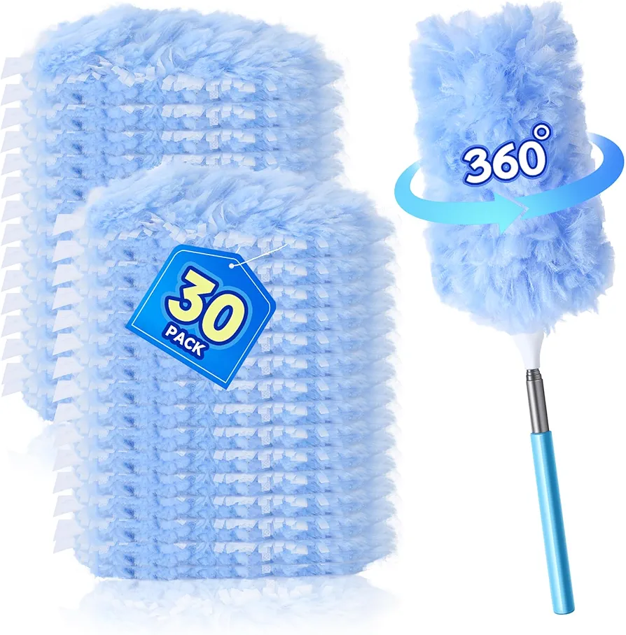 Duster Refills Pad for Swiffer Duster, 360° Thickened Dusters Kit with 30 Count Disposable Microfiber Duster(Blue) & 2 Extendable Handles- Duster Replace Pads Used for Office,Window & Furniture