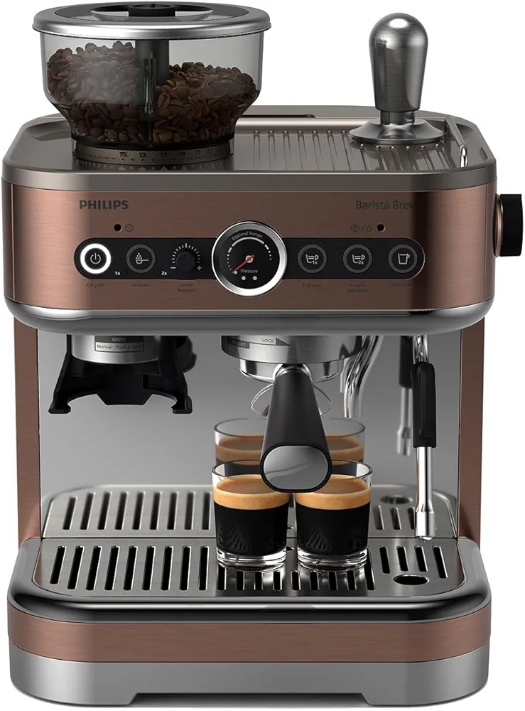 PHILIPS Barista Brew Semi Automatic Espresso Machine - Single & Double Espresso + Americano Button, 280g Dual Bean Container, Intuitive Guidance, Calibrated Tamping, Metal Cappuccino (PSA3228/41)