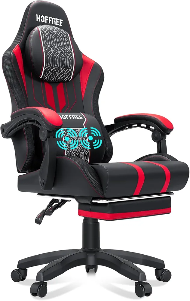 HOFFREE Gaming Chair Massage Big and Tall Gaming Chairs with Footrest 400lb Game Chair for Adults Heavy People Computer Chair Gamer Chair Red and Black