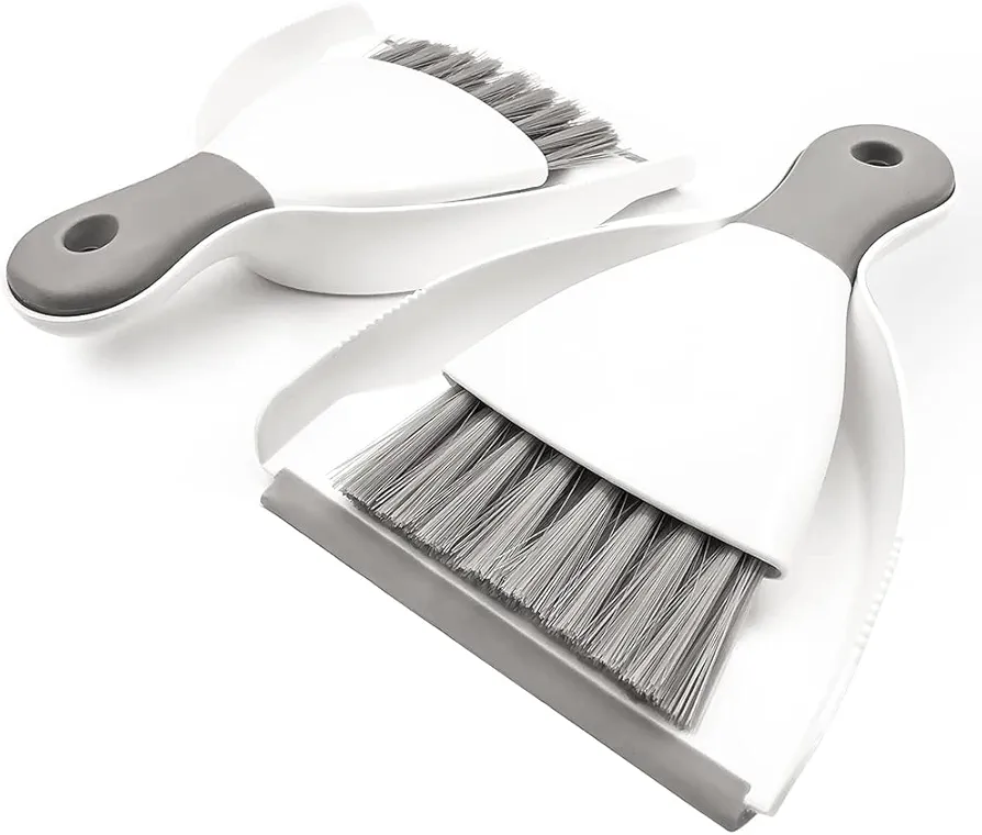 Mini Dustpan and Brush Set, 2-Piece, Off-White, Rubber Handle, Ideal for Home and On-the-Go Use