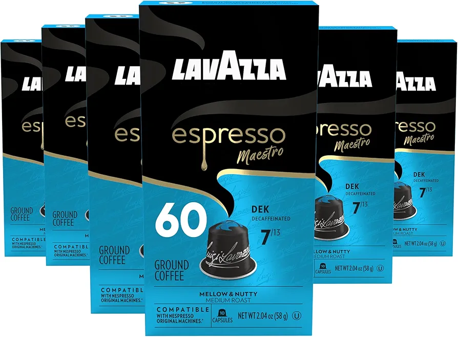 Lavazza Espresso Maestro Decaf (DEK) Aluminum Capsules Compatible with Nespresso* Original Machines, Medium Espresso Roast, Arabica and Robusta Blend (60 Capsules)