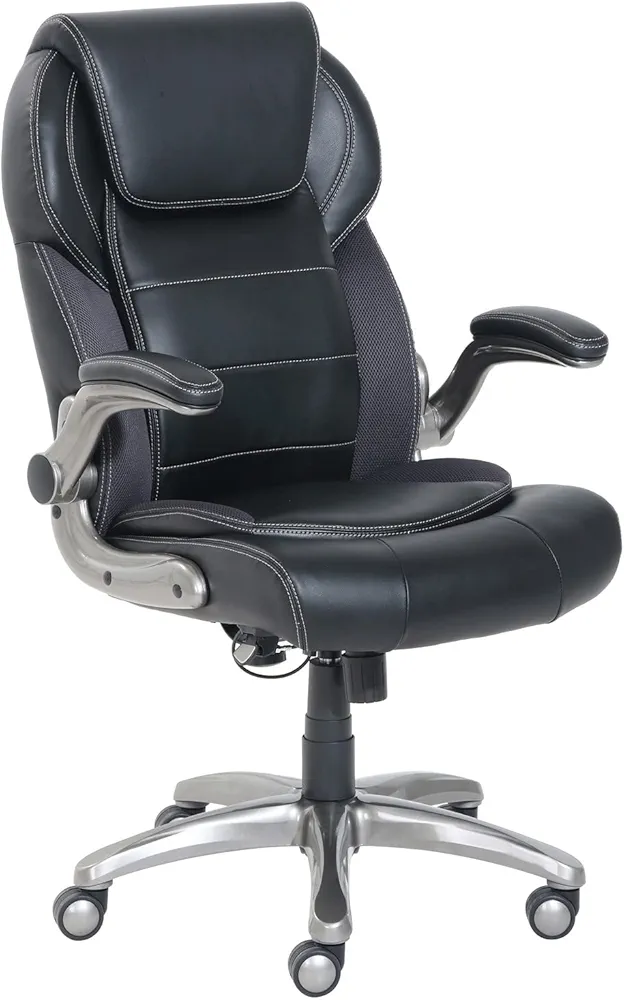 Amazon Basics Ergonomic Office Chair, High-Back Bonded Leather with Flip-Up Arms and Lumbar Support, Black, 29.5"D x 27.5"W x 44.75"H