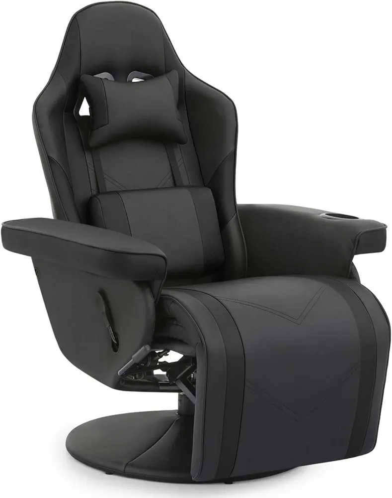 Athena Collection Ergonomic Gaming Chair Adjustable Recliner w/Footrest Cup Holder Lumbar Pillow Headrest, Swivel Office Chair PU Leather Computer Desk Chair Home Theater Seating Single Sofa, Black