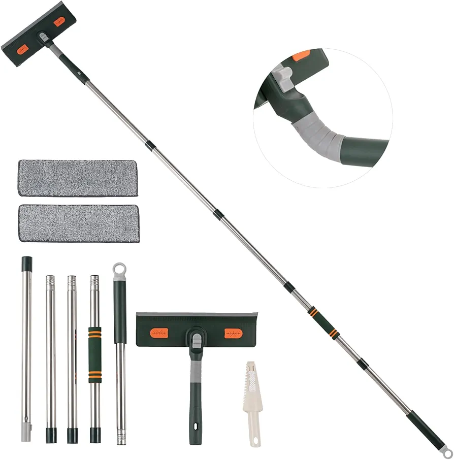 Professional 81” Window Squeegee Cleaner Tool, 2-in-1 Rotatable Window Washing/Cleaning Kit with Extension Pole, Telescopic Solar Panel Cleaner with 1 Bendable Head&1 Scraper&2 Scrubber