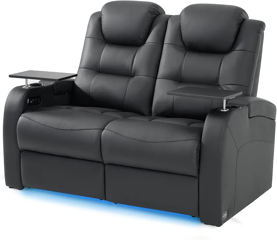 Home Theater Seating Simple Style Seats Top Grain Leather Loveseat Recliner Chair Dual Power Movie Theater Chairs Gaming Sofa Electric Headrest with Tray Table