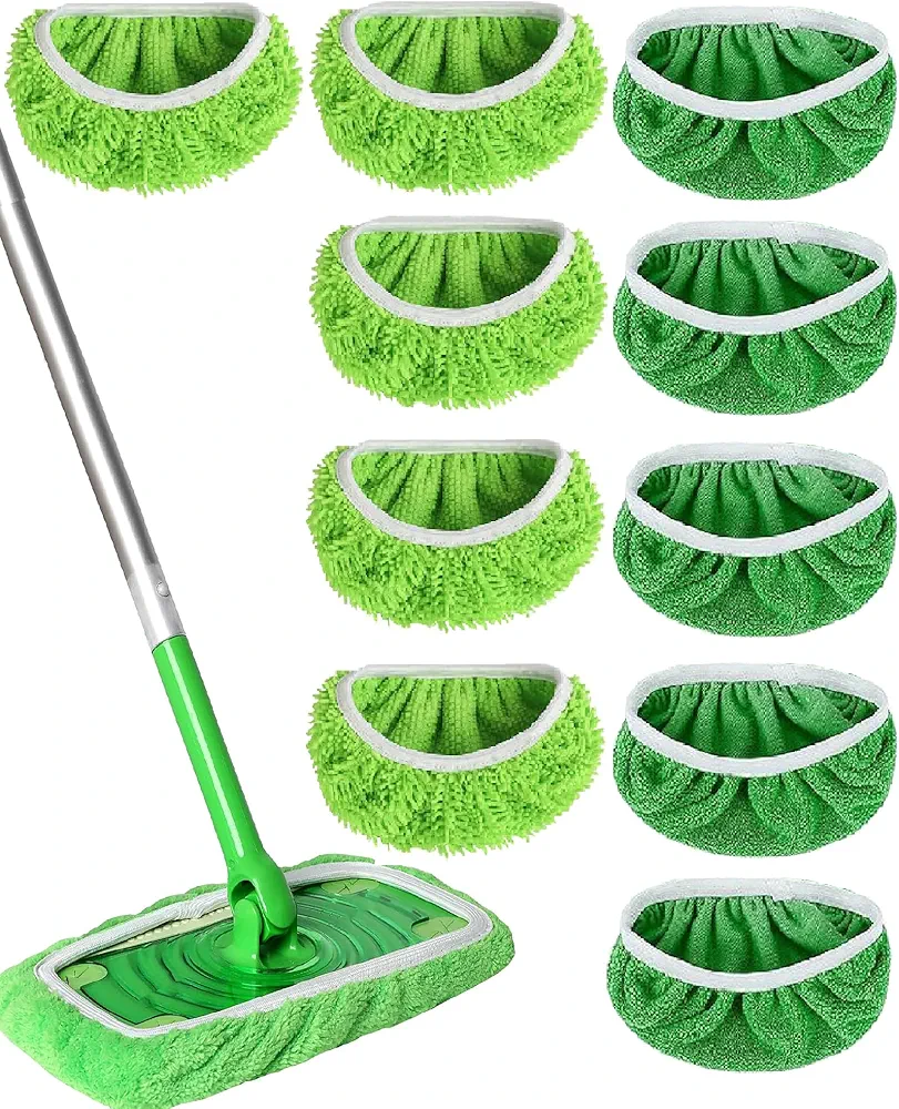 Reusable Microfiber Mop Pads Washable Wet Pads Compatible with Swiffer Sweeper Refills Pads for Wet & Dry Sweeping Cloths Mop Head Replacement for Household Cleaning (Green 10PCS)