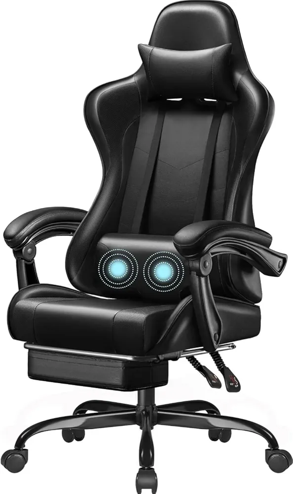 Gaming Chair, Office Chair High Back Computer Chair Leather Desk Chair, Racing Executive, Ergonomic, Adjustable Swivel, with Headrest and Lumbar Support (Dark Black)
