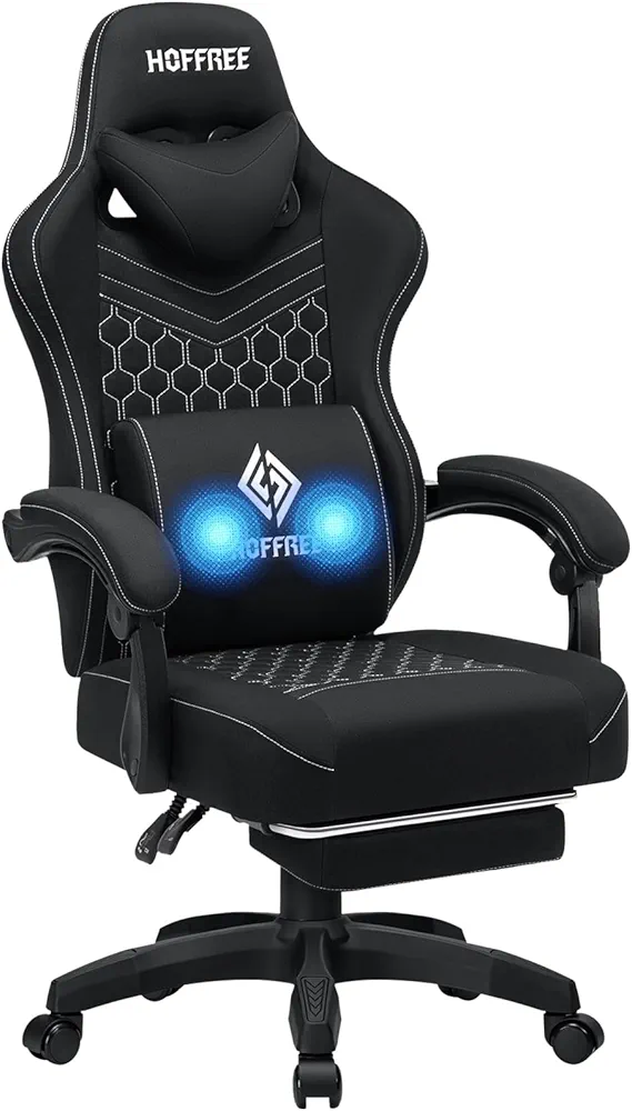 HOFFREE Gaming Chair with Massage Breathable Fabric Computer Gaming Chair with Pocket Spring Cushion High Back Ergonomic Game Chair with Footrest-Black