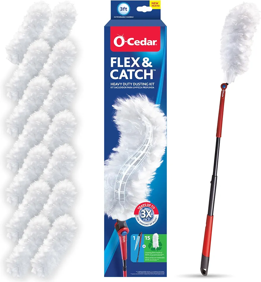 O-Cedar Flex & Catch Heavy Duty Dusting Kit with 15 Disposable Duster Refills | Extendable 3 Ft Handle with Stay-On Duster Hook | Traps 3X More Dust Than Feather Dusters