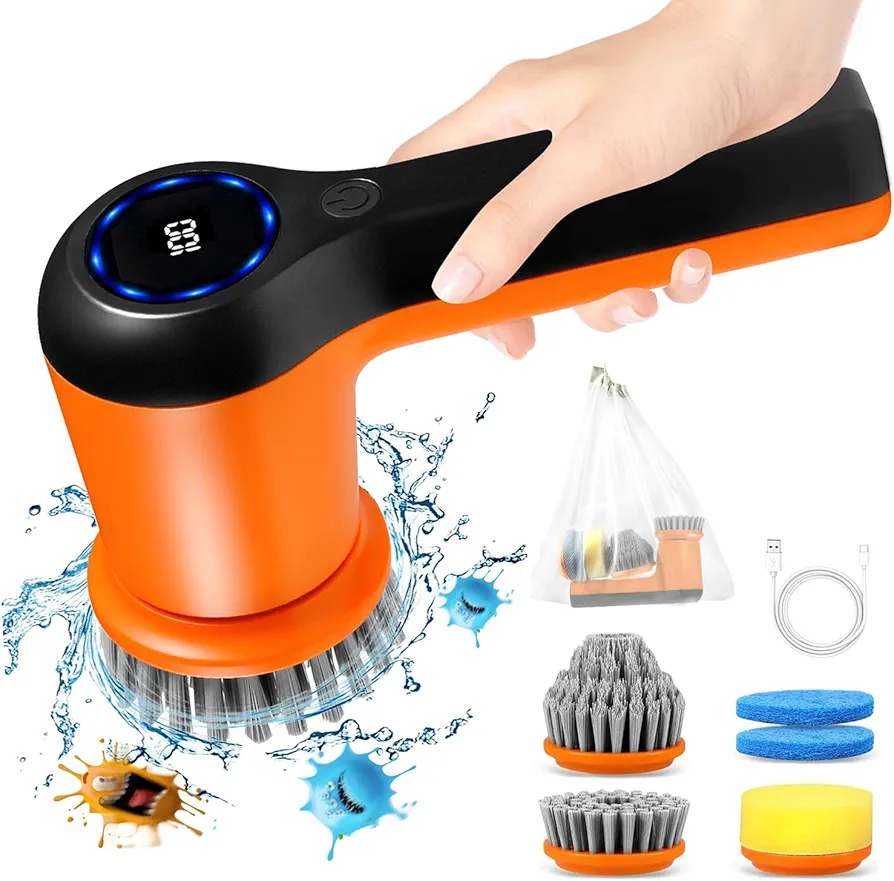 Electric Spin Scrubber,GRUTTI Power Scrubber Cordless Electric Shower Scrubber with Digital Display and 5 Replaceable Heads, 2 Adjustable Speeds,Cleaning Brush for Bathtub, Floor, Tile, Window