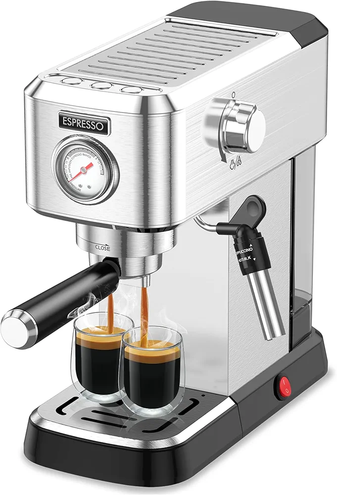 Pokk Espresso Machine, 20 Bar Professional Espresso Maker, Milk Frother Steam Wand for Latte and Cappuccino, Compact Stainless Steel Espresso Coffee Machine with 50oz Removable Water Tank for Home