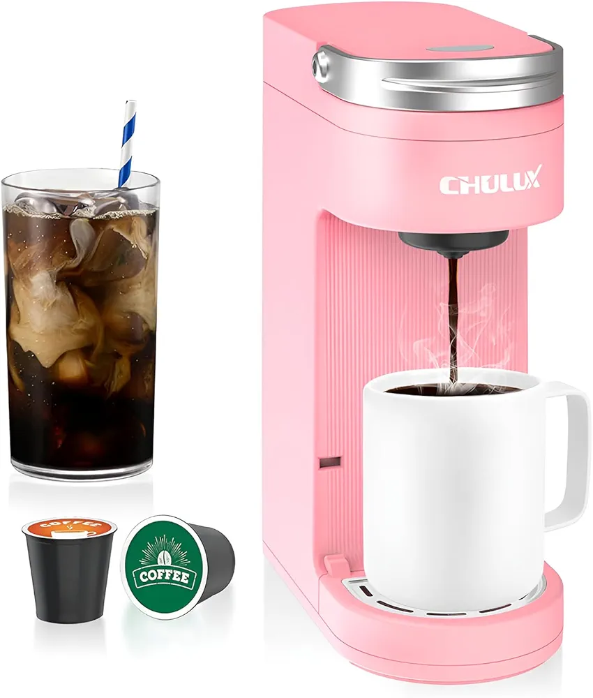 CHULUX Slim Single Serve Coffee Maker for K Cup Pods, One Cup Coffee Maker Fits 7.3" Travel Mugs, Coffee Machine with 6 to 12oz Brew Sizes, Salmon Pink