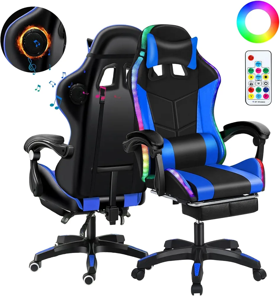 Gaming Chair with Bluetooth Speakers and RGB LED Lights,Ergonomic Massage Gaming Computer Chair with Footrest and Lumbar Support,Height Adjustable Video Game Chair with Swivel Seat and Headrest Blue