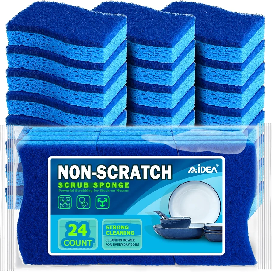 AIDEA-Brite Non-Scratch Scrub Sponge-24Count, Sponges for Dishes, Sponges Kitchen, Cleaning Sponge, Cleans Fast Without Scratching, Stands Up to Stuck-on Grime, Cleaning Power for Everyday Jobs