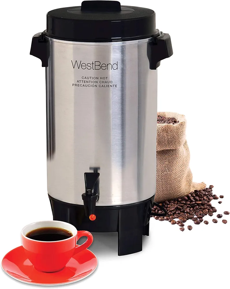 West Bend 58002 Highly Polished Aluminum Commercial Coffee Urn Features Automatic Temperature Control Large Capacity with Quick Brewing Easy Prep and Clean Up, 42-Cup, Silver