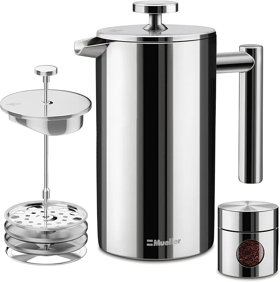 Mueller French Press Coffee Maker 34oz, Stainless Steel French Press Coffee, 4 Filter Heat Resistant Double Insulated, Rust-Free, Food Grade, Dishwasher Safe Coffee Pot