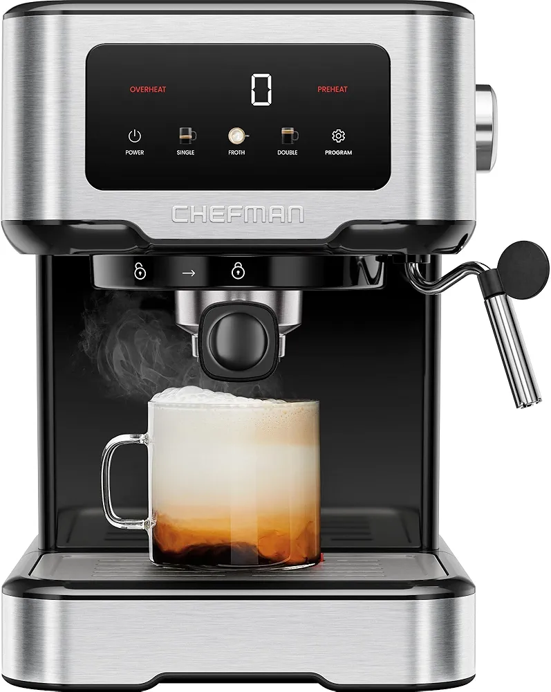 Chefman CraftBrew Espresso Machine, 15 Bar Pump Digital Coffee Maker with Steam Rod for Lattes and Cappuccino, Compact with 1.8L Removable Water Tank - Stainless Steel
