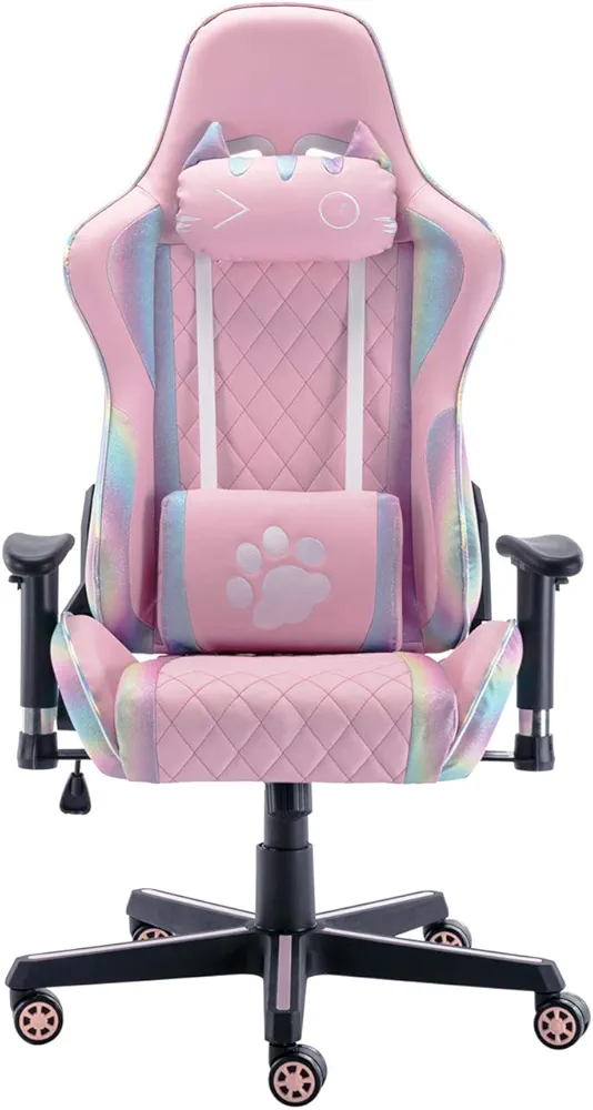 Cute Pink Gaming Chair, Computer Racing Game Chair Ergonomic Reclining PC Gaming Chair with Cat Headrest and Lumbar Pillow, Colorful Decoration, Black Base,White