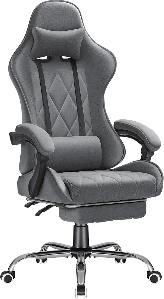 Furmax Gaming Chair, Video Game Chair with Footrest and Massage Lumbar Support Breathable Fabric Swivel Seat Height Adjustable Computer Chair with Headrest High Back Ergonomic Gamer Chair (Gray)