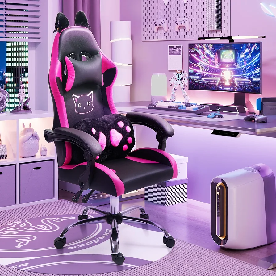 ALEAVIC Gaming Chair with Cat Paw Lumbar Cushion and Cat Ears, Reclining PC Game Computer Chair, Ergonomic Gamer Chair for Kids, Girls, Teens (Purple)
